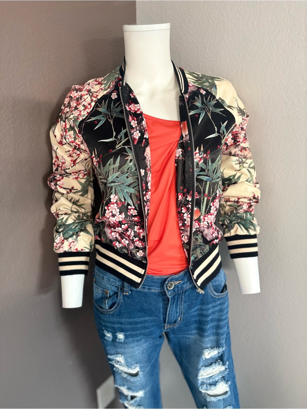 Flying Tomato Floral Bomber Jacket - Black, Cream & Green